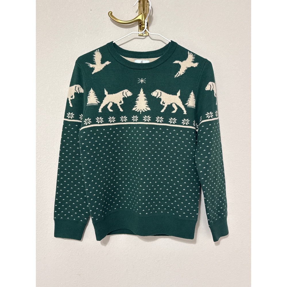 NWT Class Club Sweater Kids 10/12 Green Hunting Dog Duck Fair Isle Holiday Knit